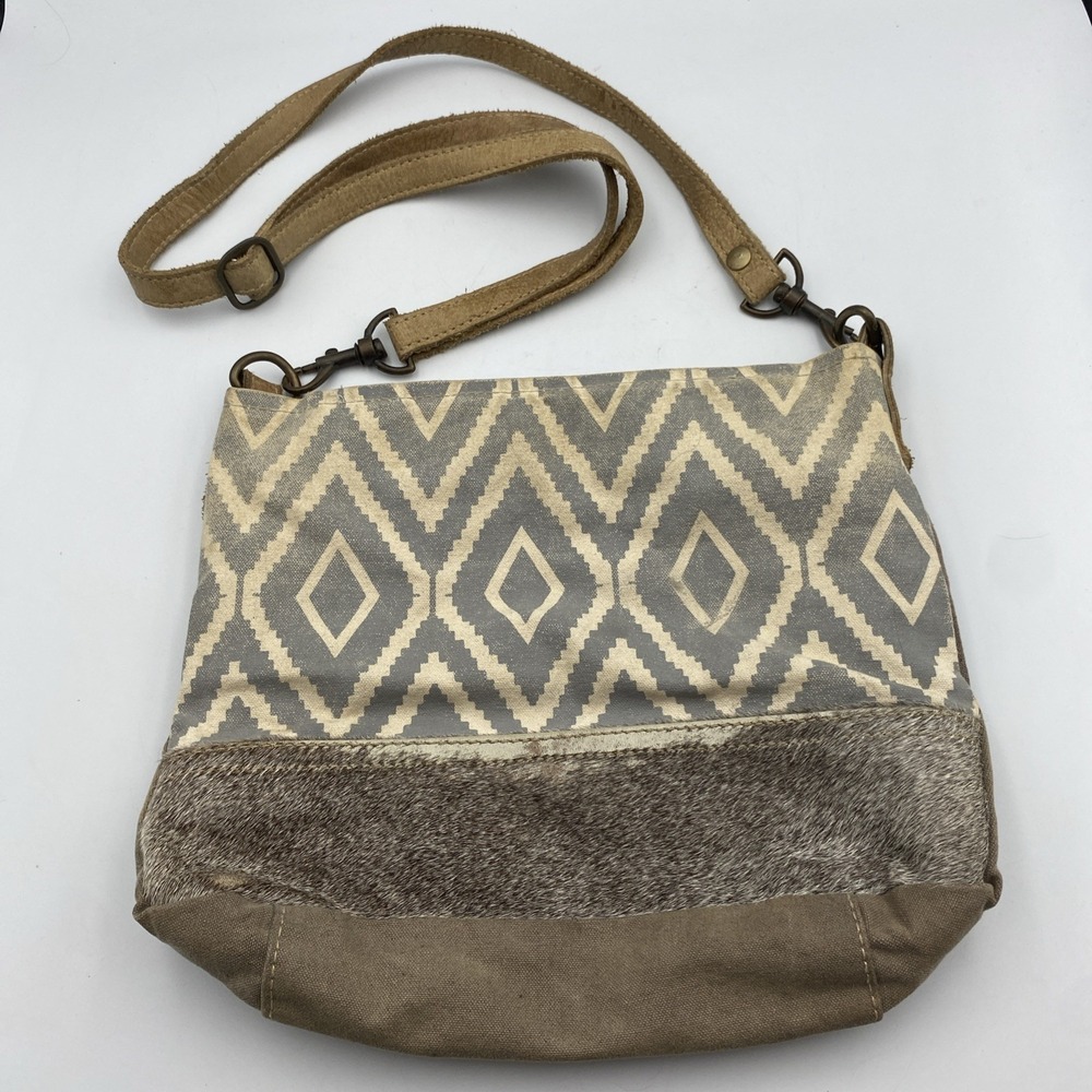 Myra Bag White Blue Cow Hide Leather Canvas Crossbody Shoulder Bag Purse Fur